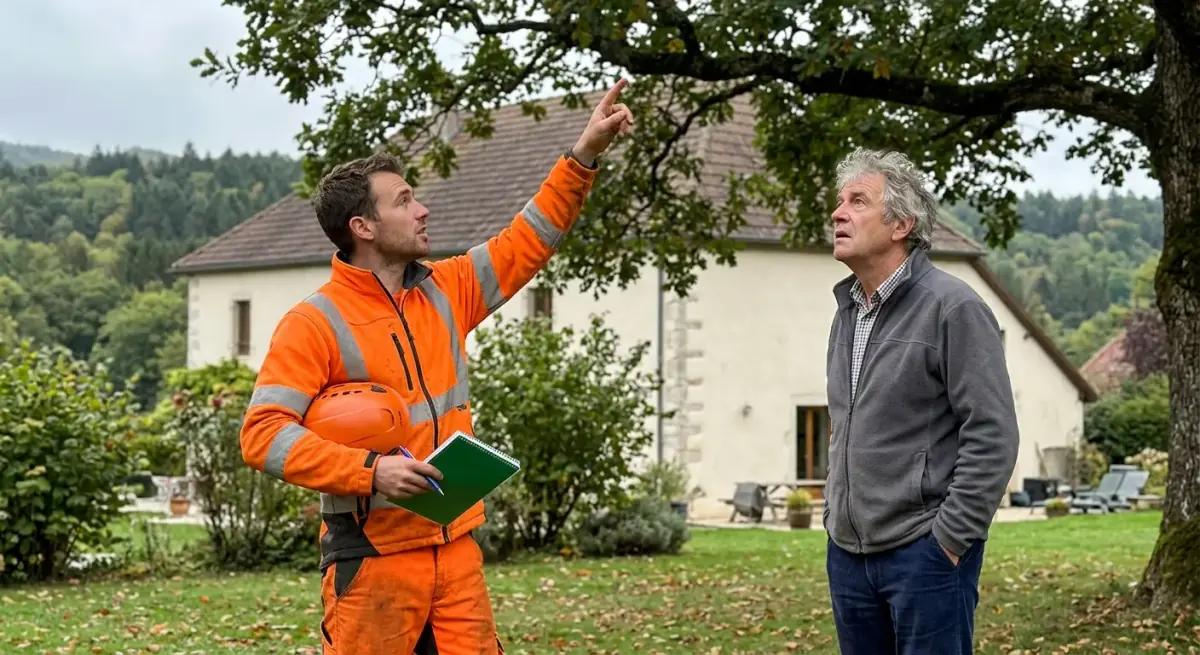 L'artisan explique les travaux au propriétaire devant l'arbre