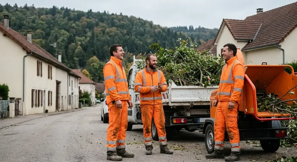 L'équipe d'élagueurs devant le camion chargé de branches